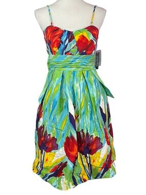 Painted Tulips Dress NEW 10 Sweetheart Rainbow Sleeveless A-Line Y2K Spaghetti